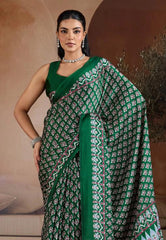 Bottle Green Ajrakh Print in Modal Silk Saree With Blouse Piece - Adi Akshoy & Co.