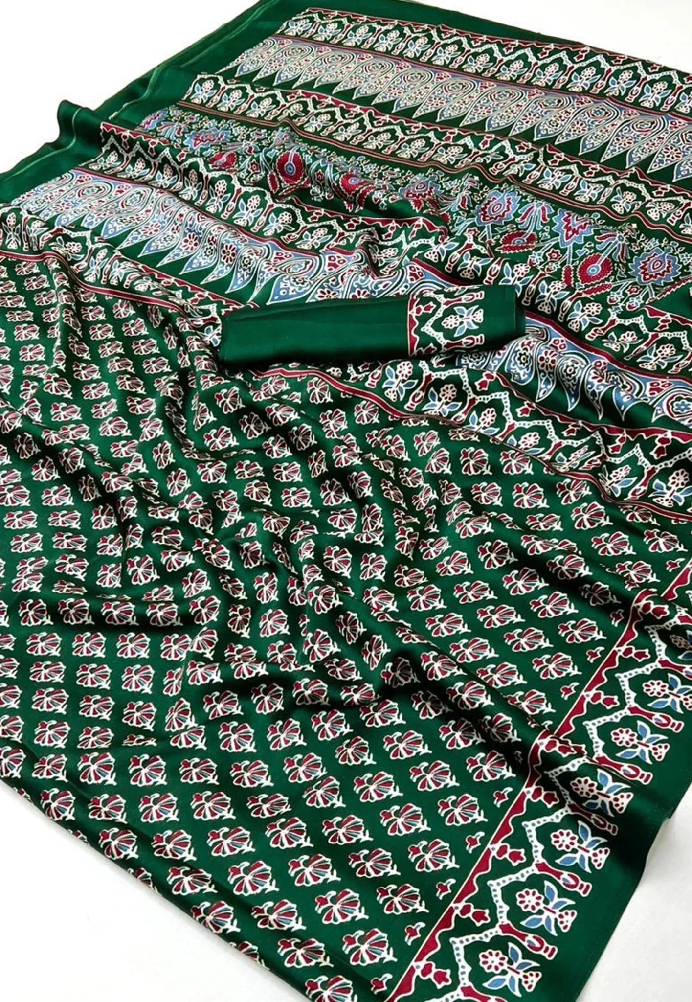Bottle Green Ajrakh Print in Modal Silk Saree With Blouse Piece - Adi Akshoy & Co.