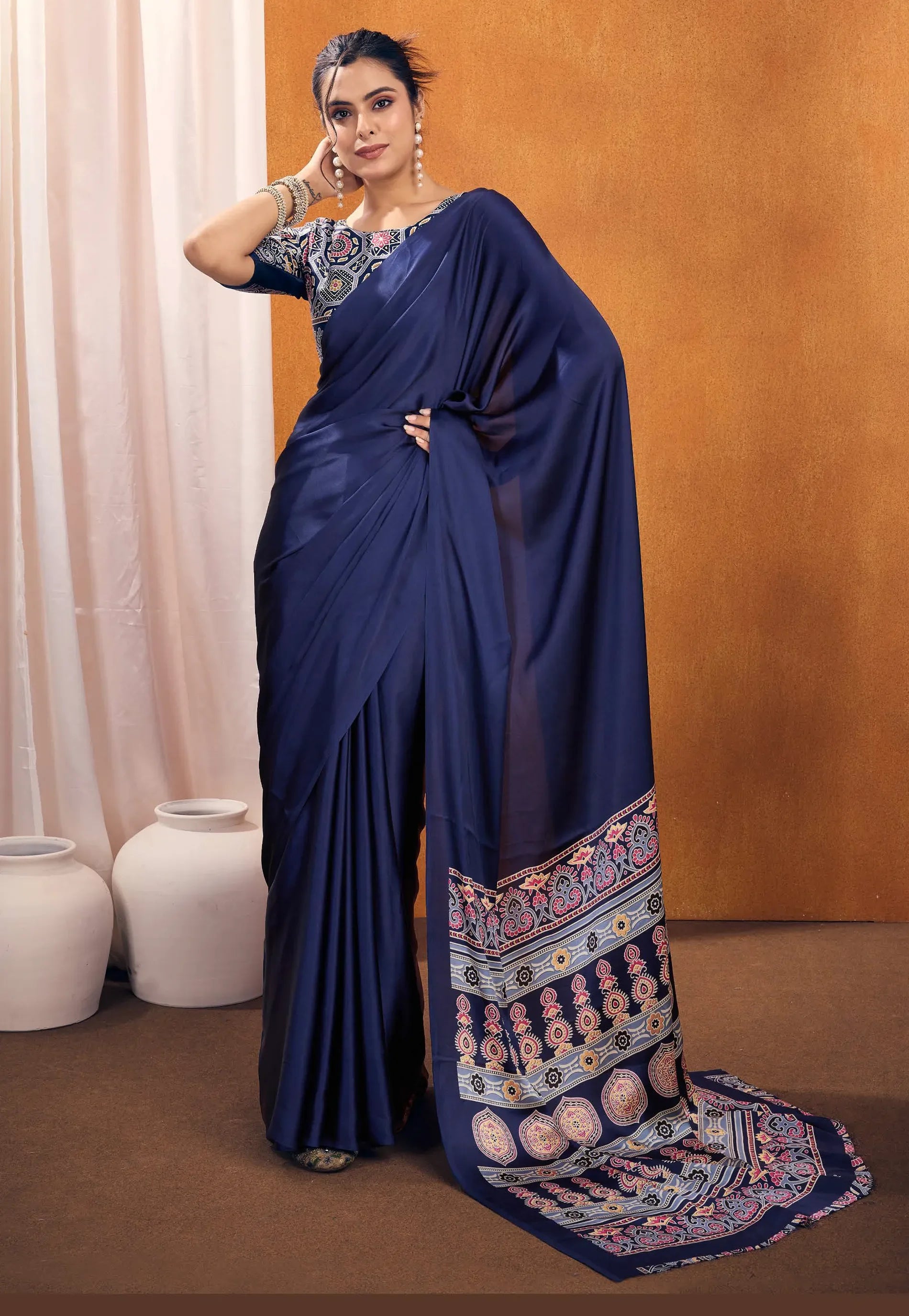 Navy Blue Ajrakh Print in Modal Silk Saree With Blouse Piece - Adi Akshoy & Co.