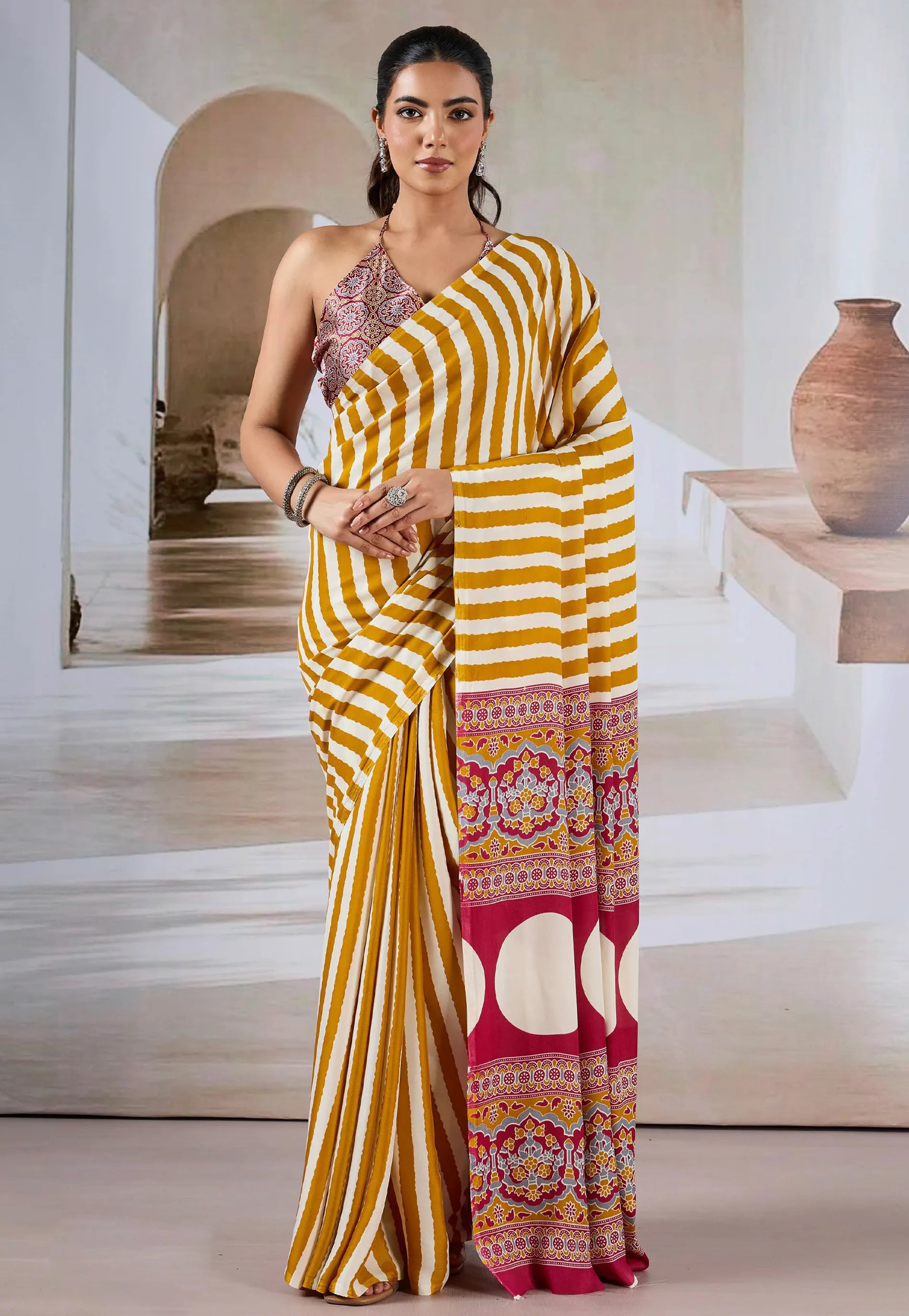 Mustard Yellow & White Stripe Ajrakh Print in Modal Silk Saree With Blouse Piece - Adi Akshoy & Co.