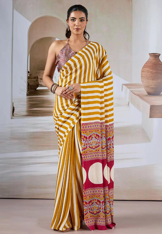 Mustard Yellow & White Stripe Ajrakh Print in Modal Silk Saree With Blouse Piece - Adi Akshoy & Co.
