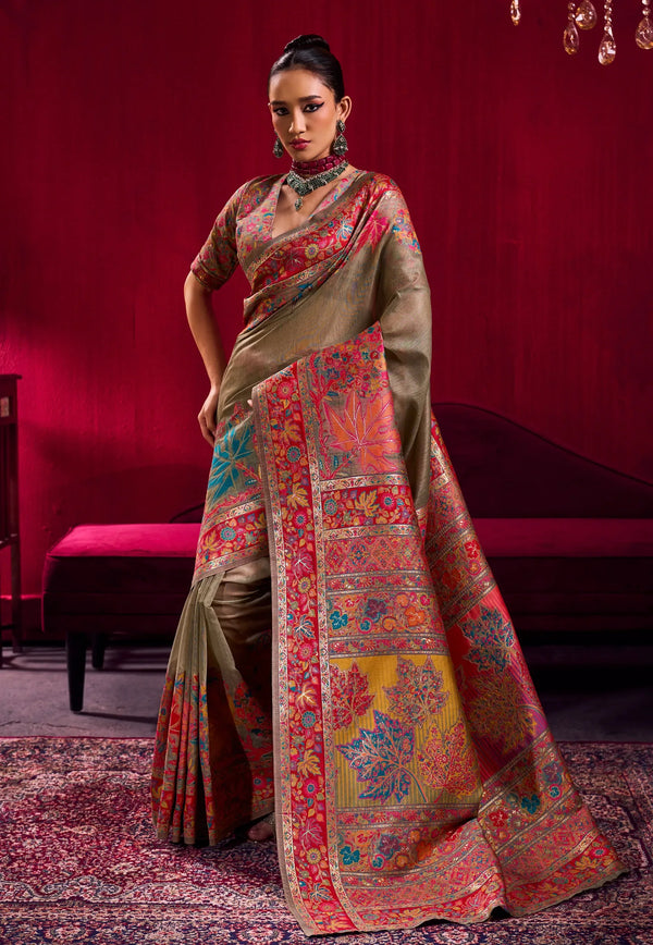 Grey Floral Kani Silk Saree With Blouse Piece- Adi Akshoy & Co.