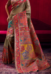 Grey Floral Kani Silk Saree With Blouse Piece- Adi Akshoy & Co.