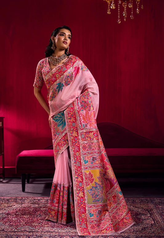 Baby Pink Kani Silk Saree With Blouse Piece - Adi Akshoy & Co.