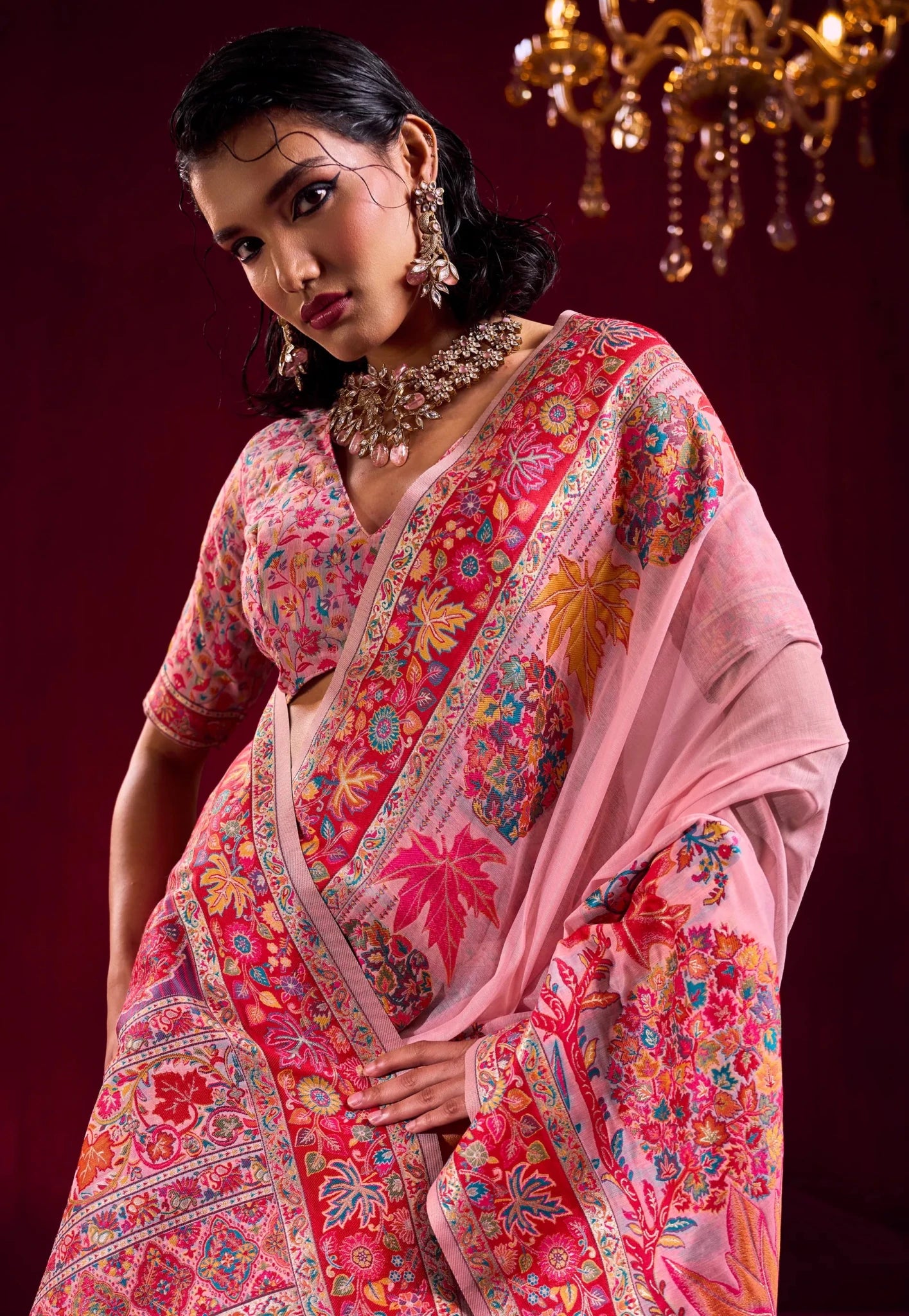 Baby Pink Kani Silk Saree With Blouse Piece - Adi Akshoy & Co.