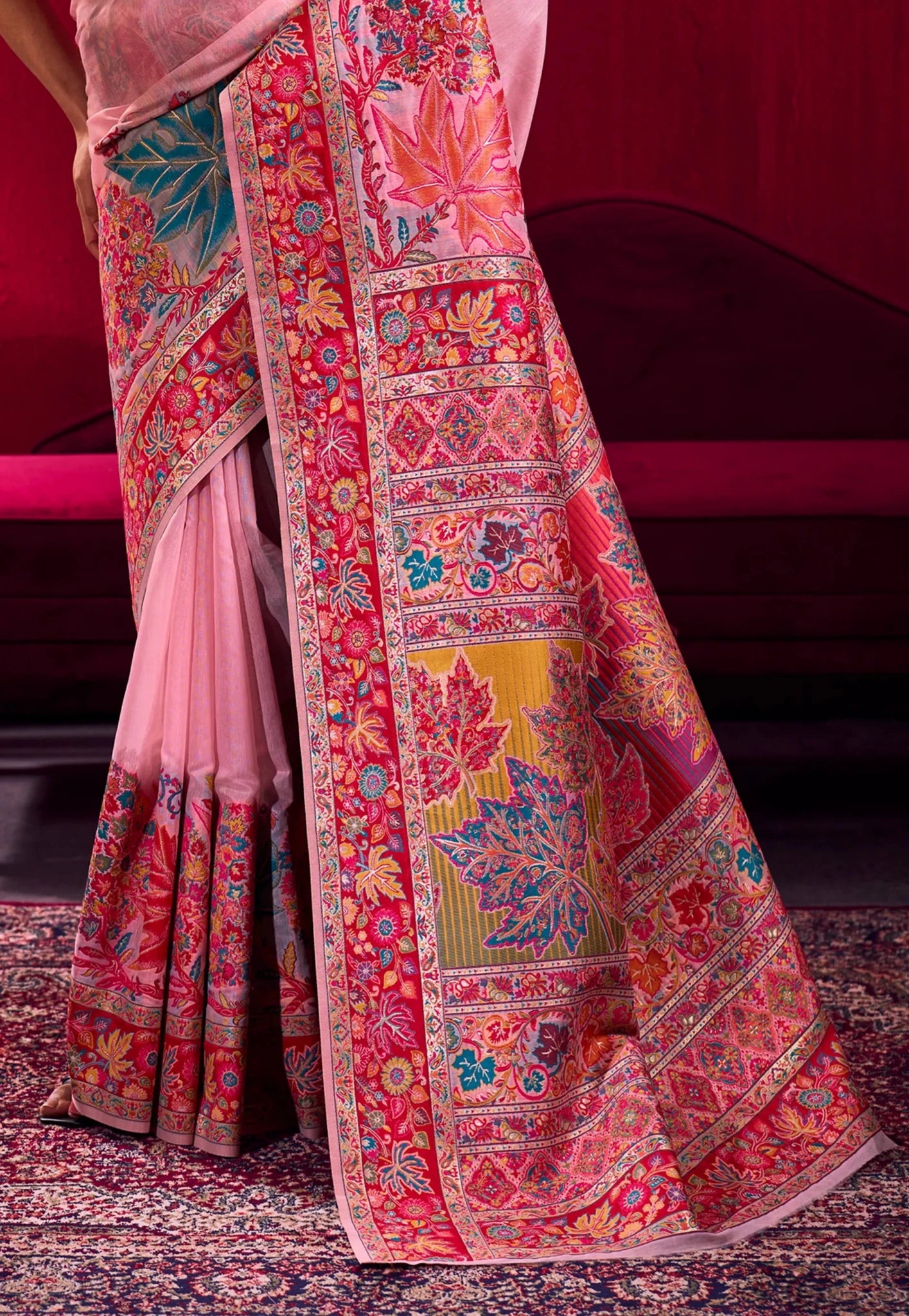 Baby Pink Kani Silk Saree With Blouse Piece - Adi Akshoy & Co.