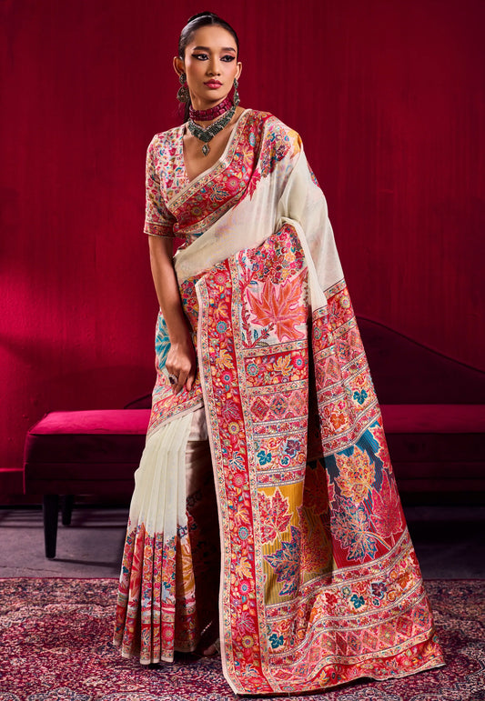 Beige Floral Kani Silk Saree With Blouse Piece- Adi Akshoy & Co.