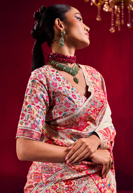 Beige Floral Kani Silk Saree With Blouse Piece- Adi Akshoy & Co.