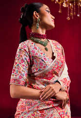 Beige Floral Kani Silk Saree With Blouse Piece- Adi Akshoy & Co.