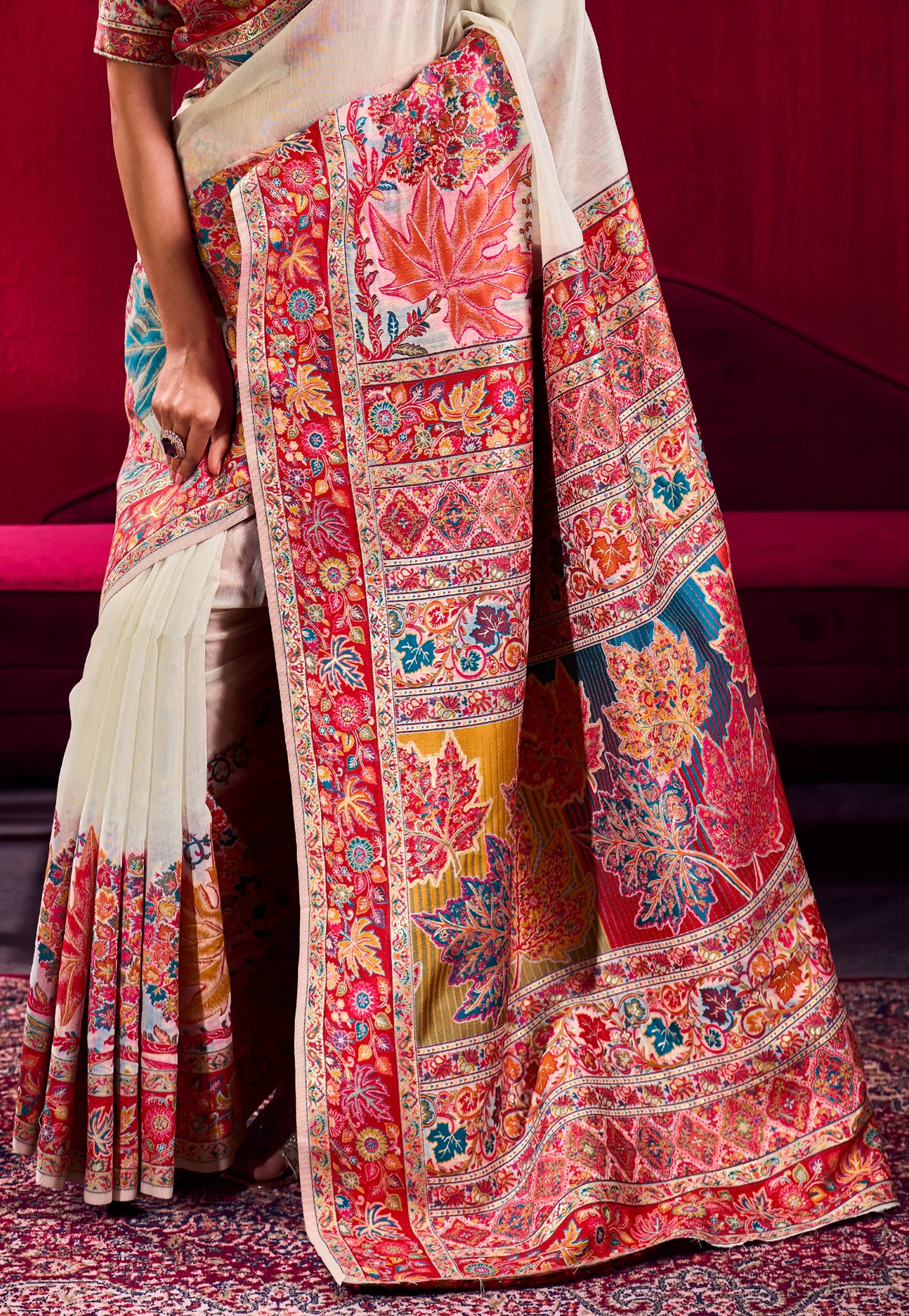 Beige Floral Kani Silk Saree With Blouse Piece- Adi Akshoy & Co.