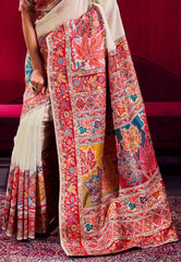 Beige Floral Kani Silk Saree With Blouse Piece- Adi Akshoy & Co.