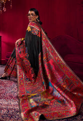 Black Floral Kani Silk Saree With Blouse Piece- Adi Akshoy & Co.