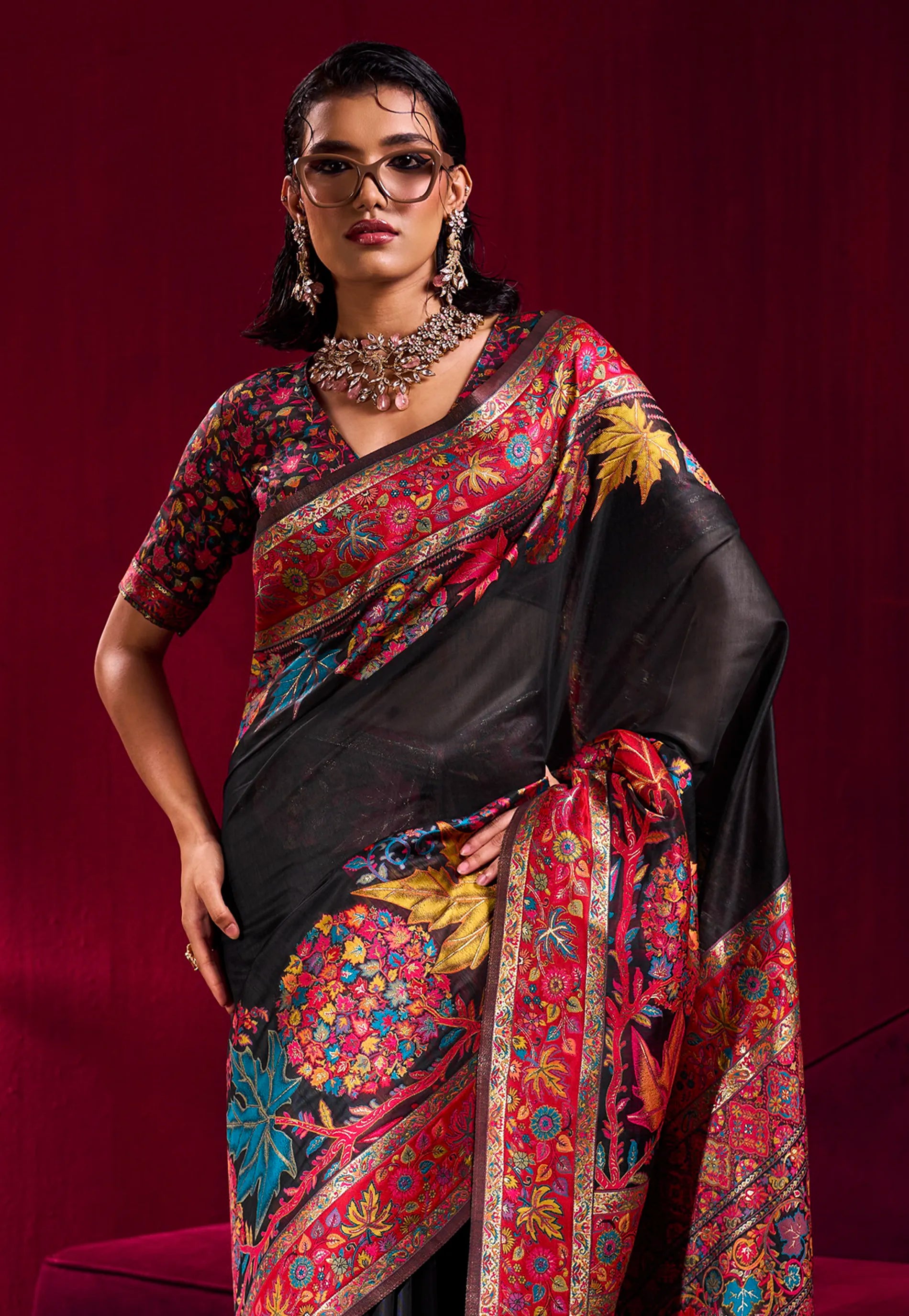 Black Floral Kani Silk Saree With Blouse Piece- Adi Akshoy & Co.