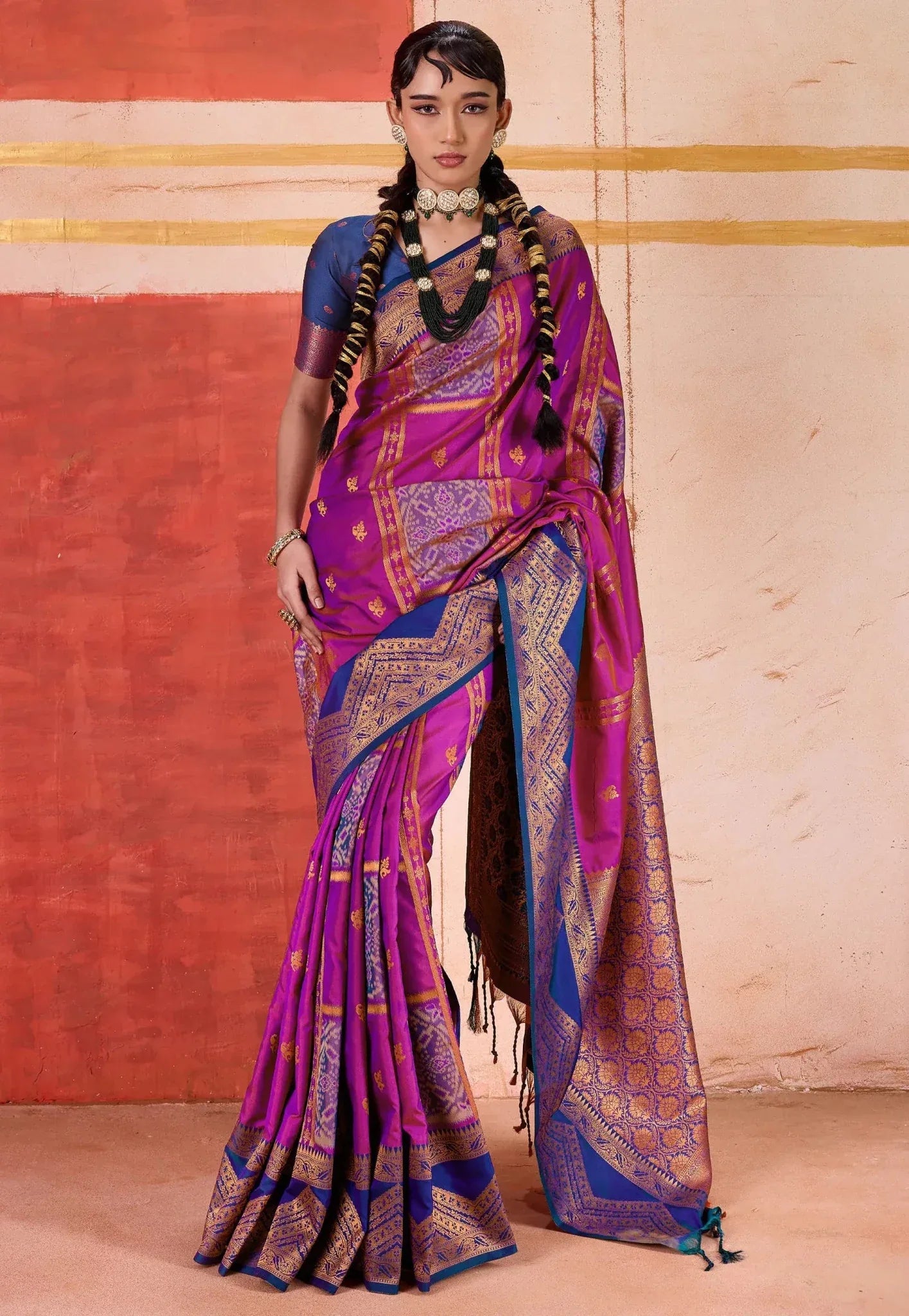 Magenta Kanjivaram Silk Saree With Blouse Piece - Adi Akshoy & Co.