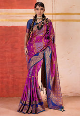 Magenta Kanjivaram Silk Saree With Blouse Piece - Adi Akshoy & Co.