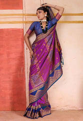 Magenta Kanjivaram Silk Saree With Blouse Piece - Adi Akshoy & Co.