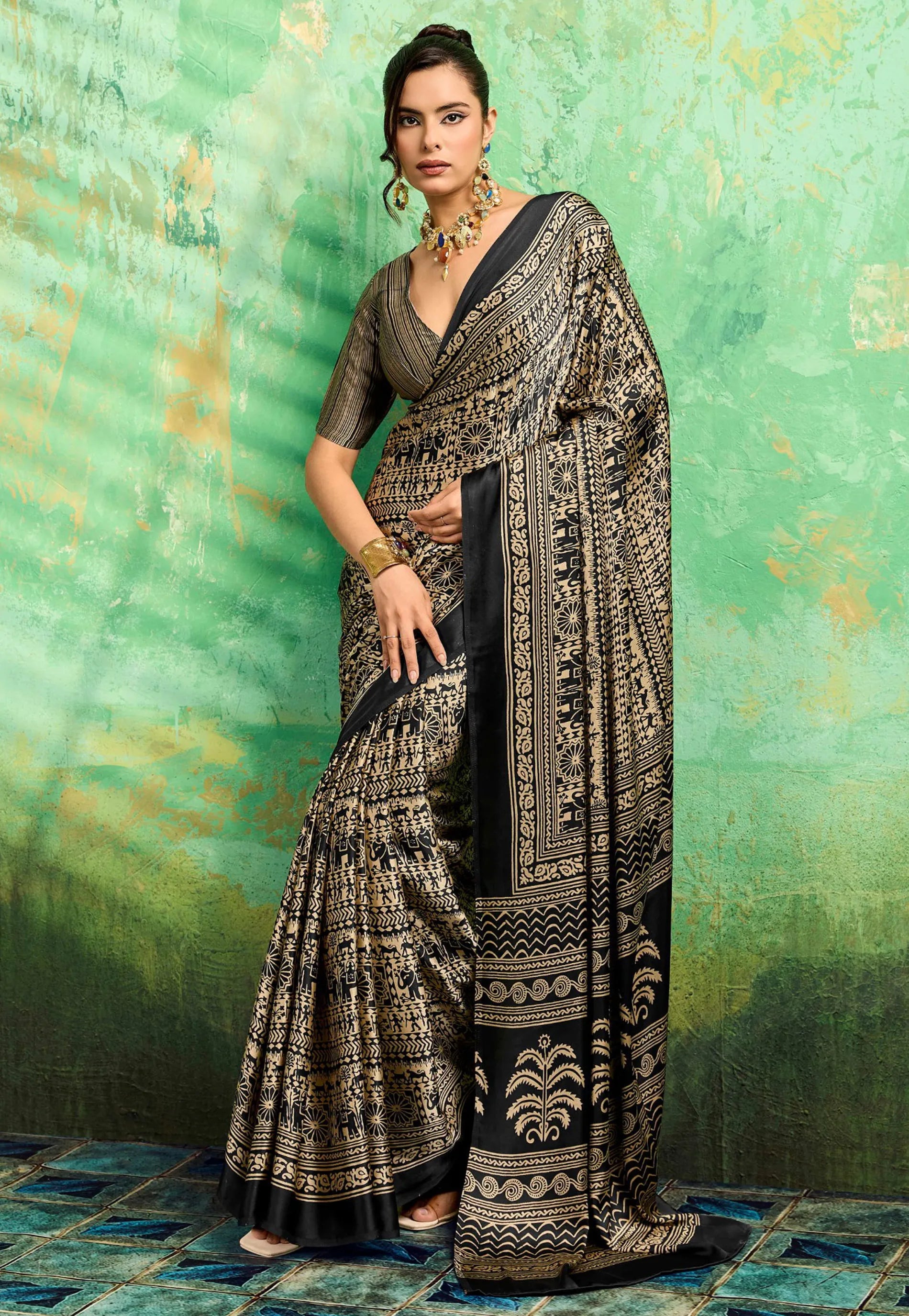Black Ajrakh Print Modal Silk Saree With Blouse Piece - Adi Akshoy & Co.