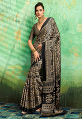 Black Ajrakh Print Modal Silk Saree With Blouse Piece - Adi Akshoy & Co.