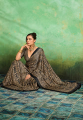 Black Ajrakh Print Modal Silk Saree With Blouse Piece - Adi Akshoy & Co.