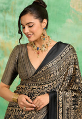 Black Ajrakh Print Modal Silk Saree With Blouse Piece - Adi Akshoy & Co.