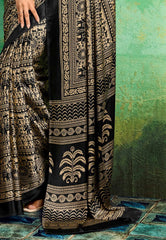 Black Ajrakh Print Modal Silk Saree With Blouse Piece - Adi Akshoy & Co.