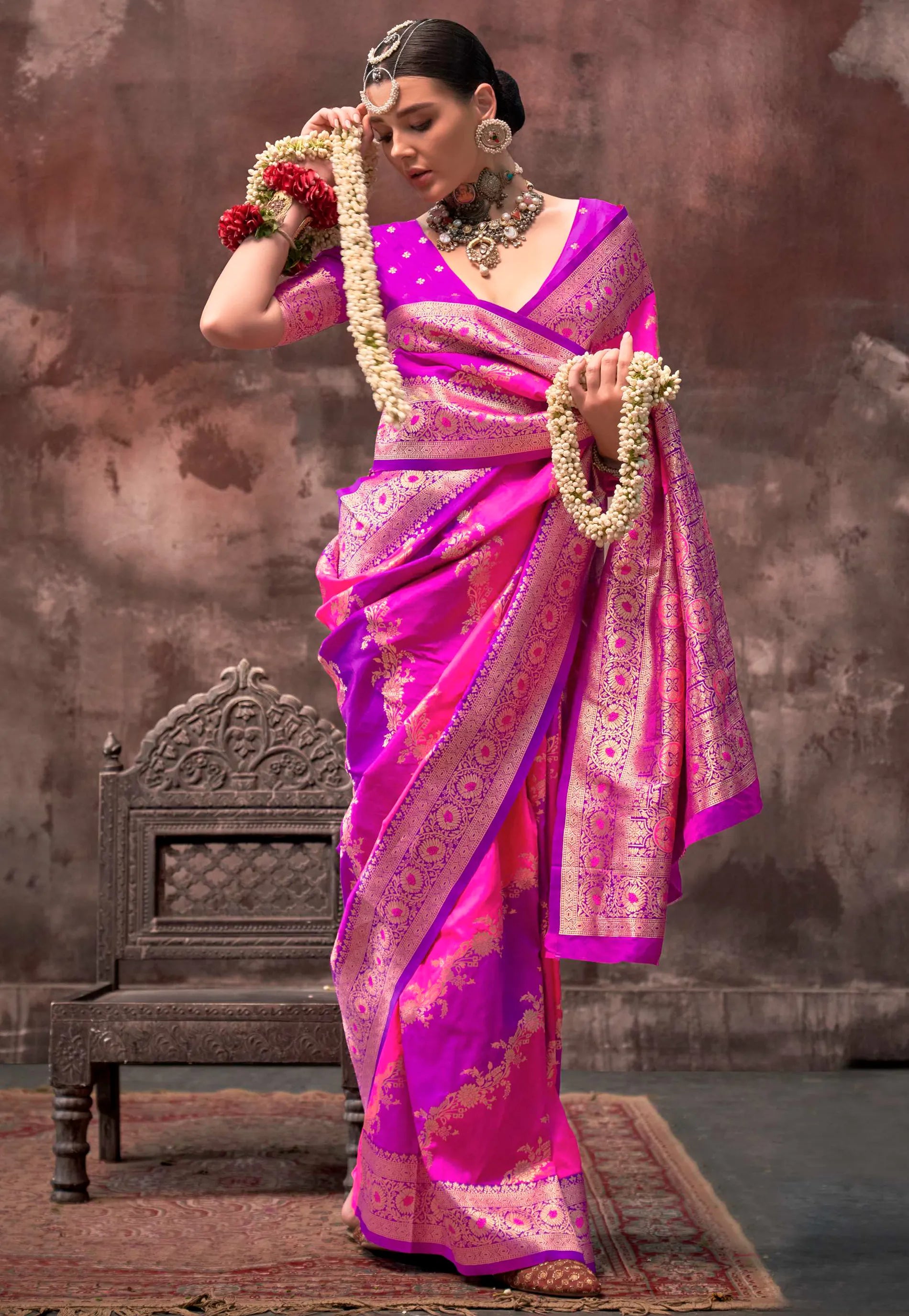 Dual Colour of Purple & Rani Kanjivaram Silk with Zari work Saree with Blouse Piece - Adi Akshoy & Co.
