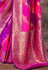 Dual Colour of Purple & Rani Kanjivaram Silk with Zari work Saree with Blouse Piece - Adi Akshoy & Co.