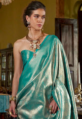 Bottle Green Brocade Tissue Kanjivaram Silk Saree With Blouse Piece - Adi Akshoy & Co.