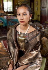 Black Brocade Tissue Kanjivaram Silk with Zari work Saree With Blouse Piece - Adi Akshoy & Co.
