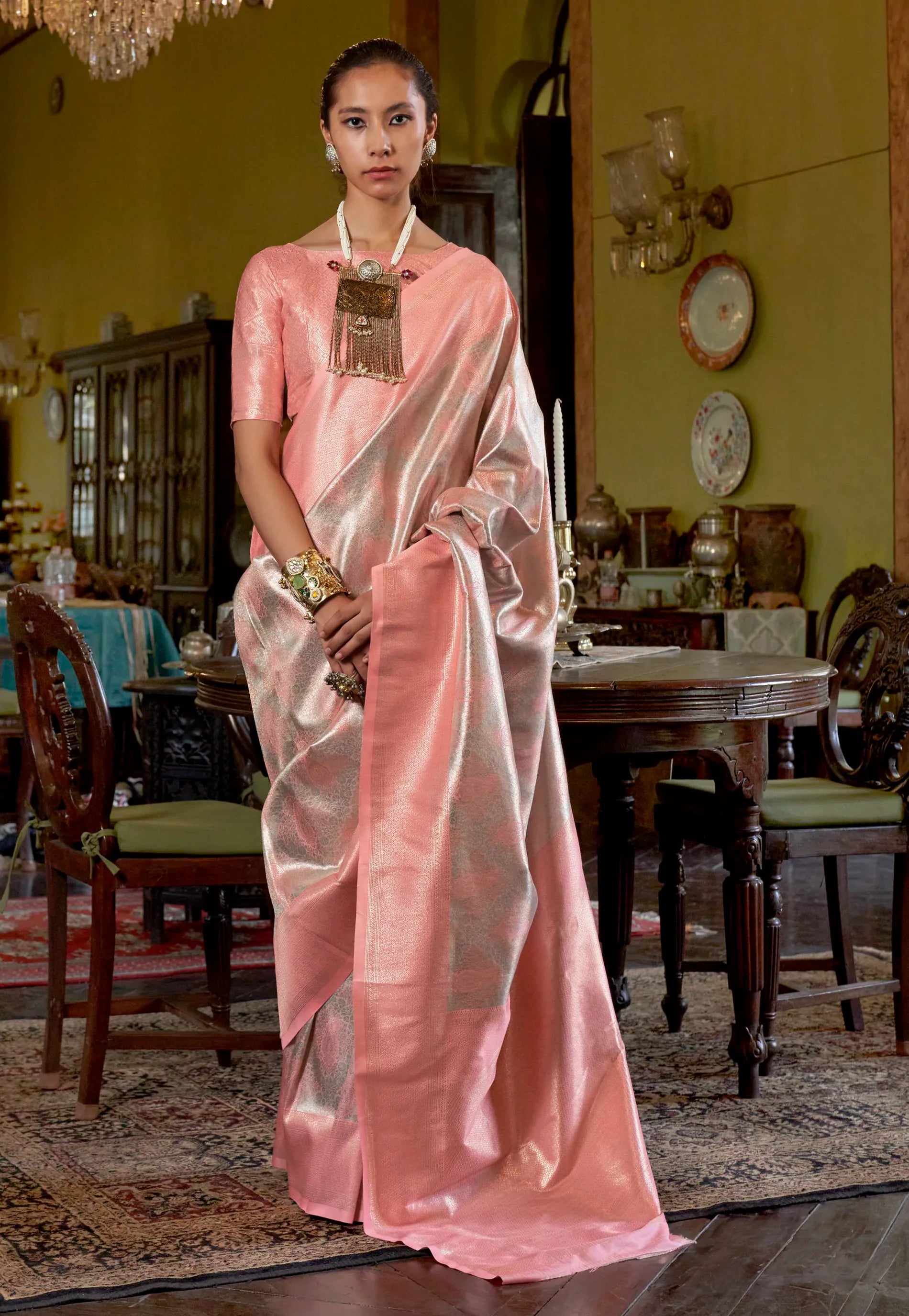 Peach Brocade Tissue Kanjivaram Silk Saree With Blouse Piece - Adi Akshoy & Co.