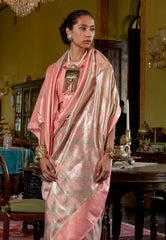 Peach Brocade Tissue Kanjivaram Silk Saree With Blouse Piece - Adi Akshoy & Co.