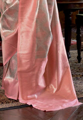 Peach Brocade Tissue Kanjivaram Silk Saree With Blouse Piece - Adi Akshoy & Co.