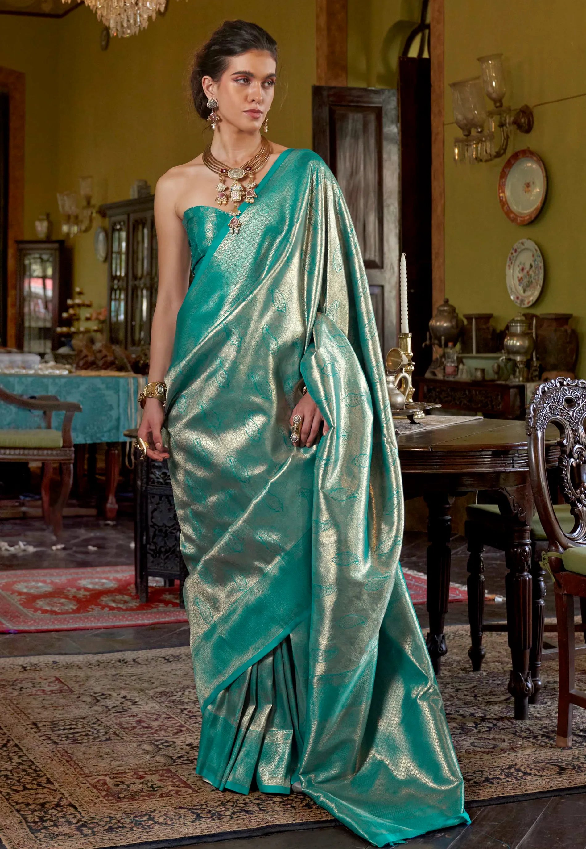 Bottle Green Brocade Tissue Kanjivaram Silk Saree With Blouse Piece - Adi Akshoy & Co.