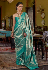 Bottle Green Brocade Tissue Kanjivaram Silk Saree With Blouse Piece - Adi Akshoy & Co.