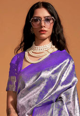 Purple with Silver Zari work Tissue Kanjivaram Silk Saree with Blouse Piece - Adi Akshoy & Co.