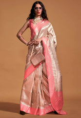 Peach Brocade Tissue Kanjivaram Silk Saree With Blouse Piece - Adi Akshoy & Co.