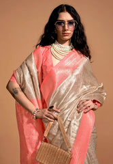 Peach Brocade Tissue Kanjivaram Silk Saree With Blouse Piece - Adi Akshoy & Co.