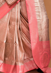 Peach Brocade Tissue Kanjivaram Silk Saree With Blouse Piece - Adi Akshoy & Co.