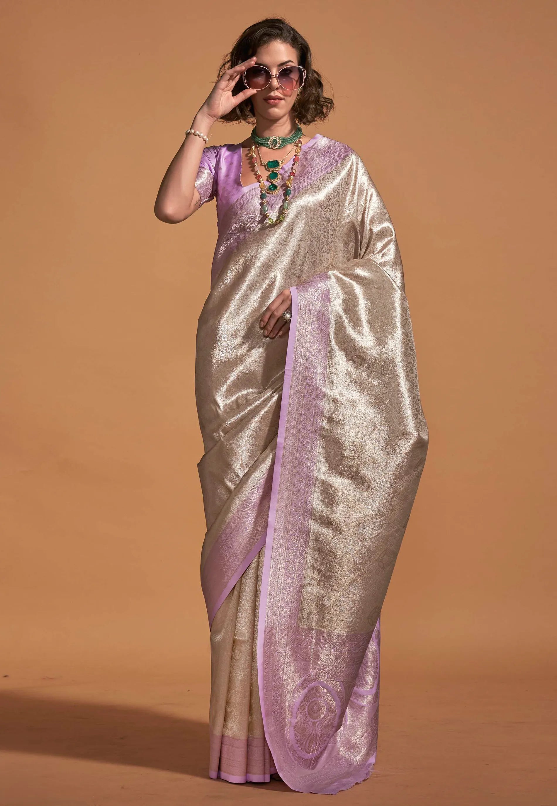 Light Purple with Silver Zari work Tissue Kanjivaram Silk Saree with Blouse Piece - Adi Akshoy & Co.