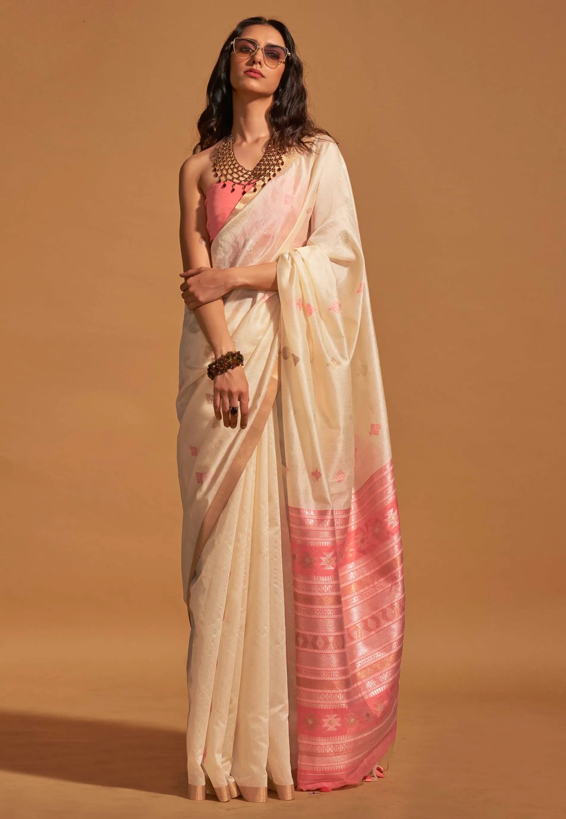 Cream Tussar Silk Saree with Blouse Piece - Adi Akshoy & Co.