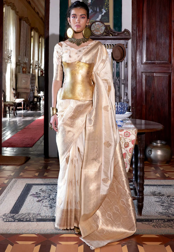 Off White Kanjivaram Silk Saree with Blouse Piece - Adi Akshoy & Co.