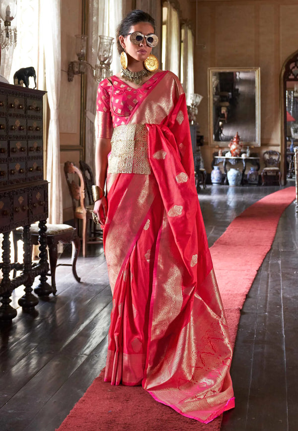 Rani Pink Kanjivaram Silk Saree with Blouse Piece - Adi Akshoy & Co.