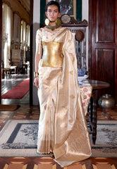 Off White Kanjivaram Silk Saree with Blouse Piece - Adi Akshoy & Co.