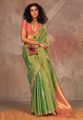 Cross Green Katan Silk Saree With Blouse Piece