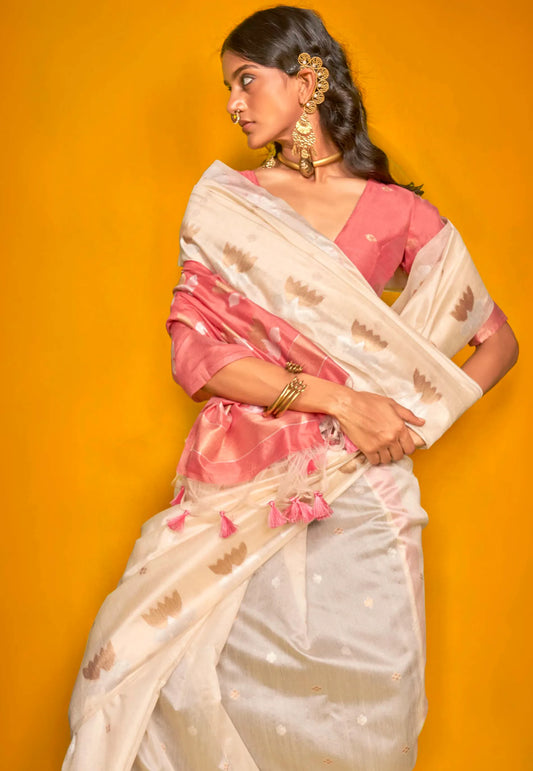 Ivory Tussar Silk Saree with Blouse Piece