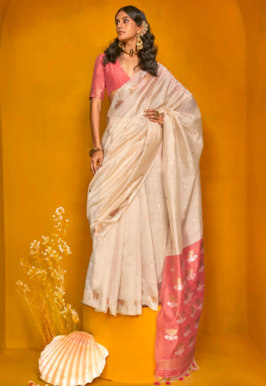 Ivory Tussar Silk Saree with Blouse Piece