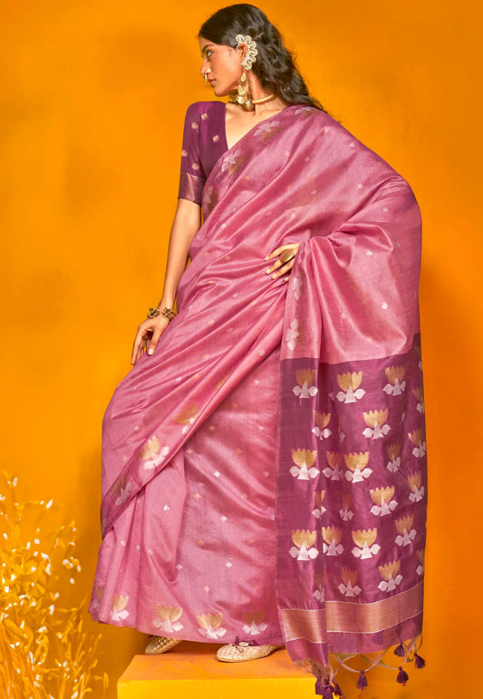 Strawberry Pink Tussar Silk Saree with Blouse Piece