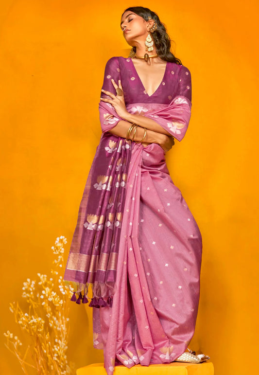 Strawberry Pink Tussar Silk Saree with Blouse Piece
