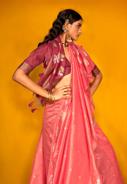 Dark Peach Tussar Silk Saree with Blouse Piece