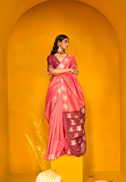 Dark Peach Tussar Silk Saree with Blouse Piece